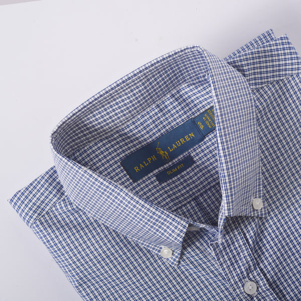 RL Blue Mini Checkered Embroidered logo Oxford Shirt