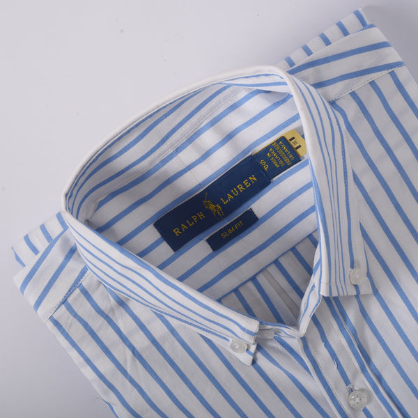 RL White and Blue Wide Stripe Embroidered logo Oxford Shirt