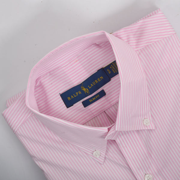 RL White & Pink Stripped Embroidered logo Oxford Shirt