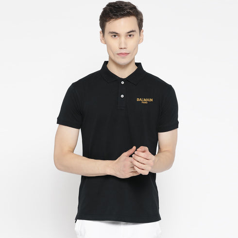 BALMAIN BLACK EMBROIDERED POLO SHIRT