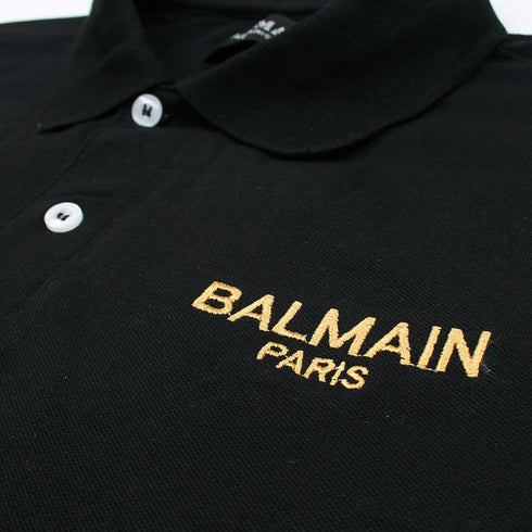 BALMAIN BLACK EMBROIDERED POLO SHIRT