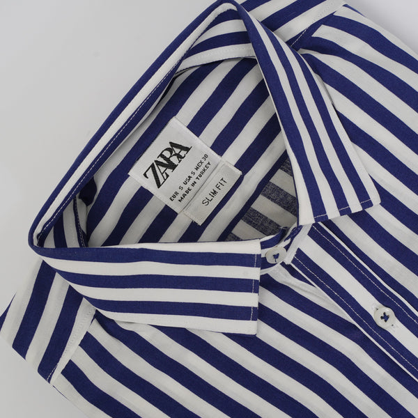 ZR Men Blue & White Stripes Linen Shirt